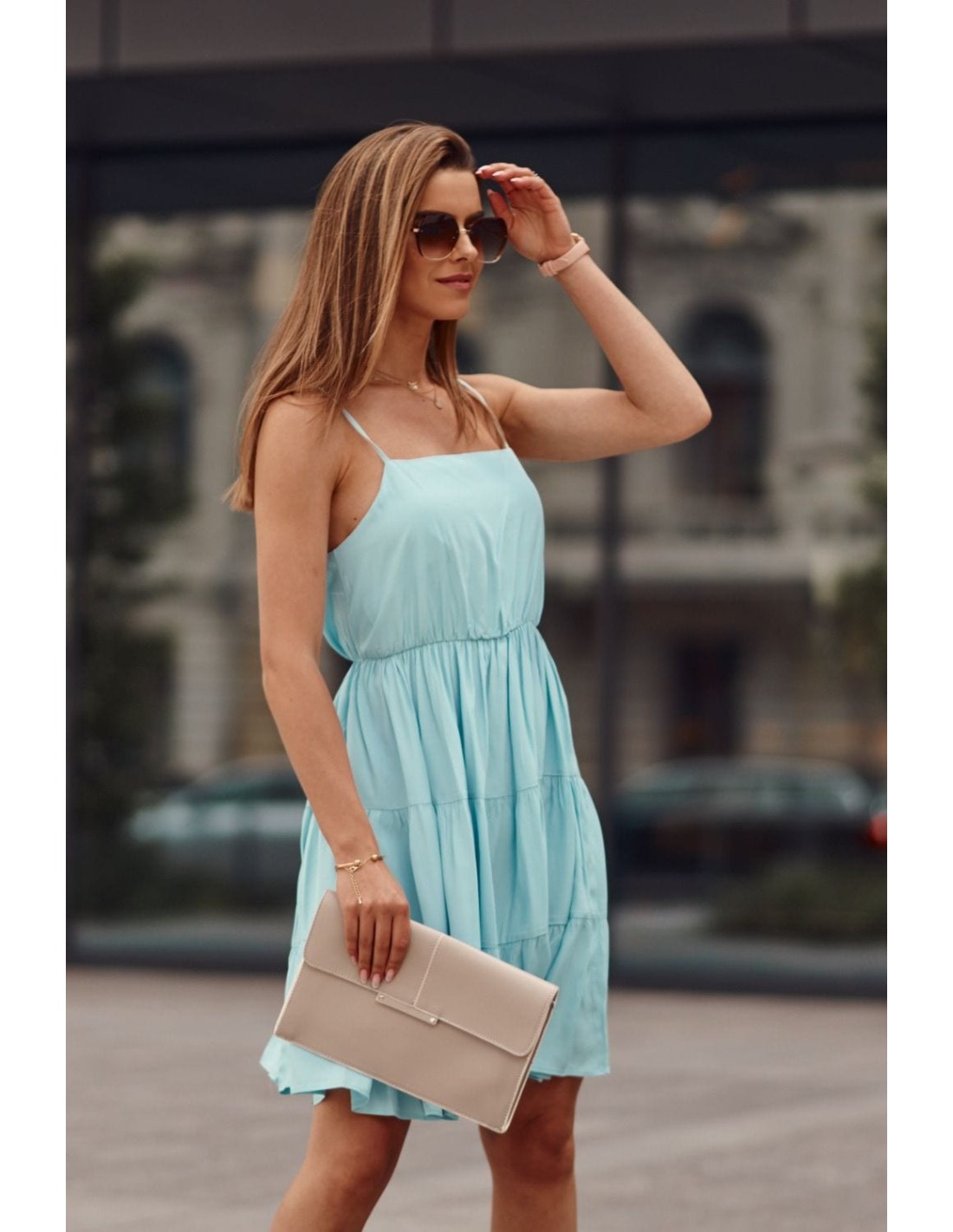 Dress with thin straps and ruffles, blue PR3214 - Online store - Boutique